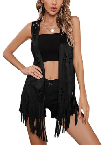 ENS SWLIZ Gilet Da Donna Con Nappa, Stile Hippie, Senza Maniche, Con Frange, Aperto Sul Davanti, In Finta Pelle Scamosciata, Stile Western, Cardigan Lungo, B-Nero, XXL