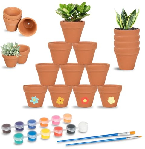 Sheryl&Rain 24 Piezas Mini Macetas Terracota, Pequeñas Macetas con Colores & Pinceles, 3.5 X 3 cm Maceta de Barro con Orificio de Drenaje, Maceteros Pequeños para Suculentas, Cactus