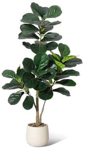 Garvee Kunstpflanze Fiddle Feigenbaum 120cm Künstliche Pflanzen Groß Mit Schotter Und Moos, Plastikpflanzen Mit Weiß Topf Und Schotter, Für Home Decor Zimmerdeko Schlafzimmer Dekoration