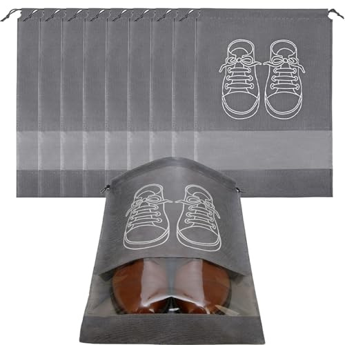 Ousuwo 10 bolsas grandes para zapatos de viaje, con ventana transparente y cordón, organizadores de almacenamiento no tejidos, a prueba de polvo, para maleta y uso doméstico (gris)