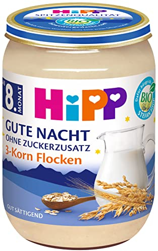 HiPP Bio Gute Nacht 3-Korn Flocken (6 x 190g), Babybrei ab 8. Monat, ohne Zuckerzusatz, gut sättigend, in bester Bio-Qualität