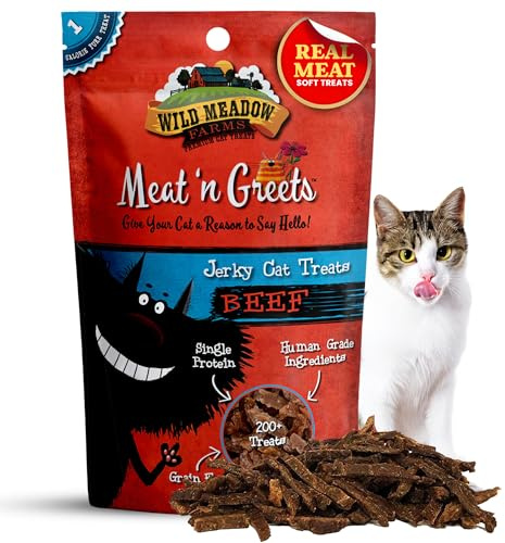 Wild Meadow Farms - Cat Treats - Meat 'N Greets - Soft Jerky Treats with Real Meat, High Protein, Grain-Free, Perfect for Training & Rewarding, All Natural Snacks for Cats - Beef Flavor