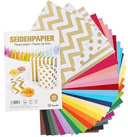 Sweelov Seidenpapier 500 Blatt, 25 Farben 16 g/qm Transparentpapier Bunt A4 für Füllmaterial Geschenk Geschenktüten, Pompoms,Basteln, Laterne, Tischdeko, Weihnachten Hochzeit