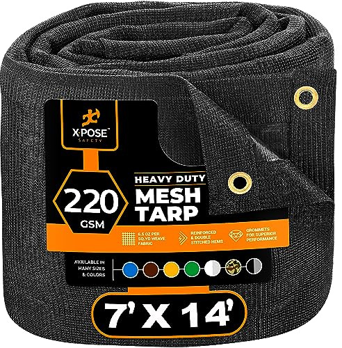 Xpose Safety Heavy Duty Mesh Tarp 7' x 14' – Multipurpose Black Protective Cover with Air Flow - Use for Tie Downs, Shade, Fences, Canopies, Dump Trucks – Weather and Tear Resistant