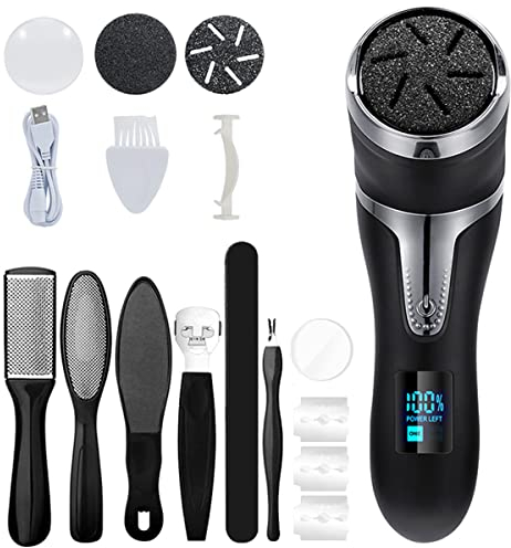 Elektrischer Hornhautentferner für Füße Wiederaufladbar, Elektrische Fußfeile mit 2 Geschwindigkeiten, Fußschrubber Pediküre Kit für Rissige Fersen und Abgestorbene Haut mit 6 Manuellen Werkzeugen
