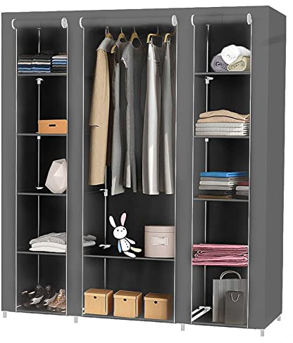 RELOVE - Armadio portaoggetti in tessuto pieghevole, con asta per indumenti, porta cappotto, guardaroba, guardaroba, 172 x 134 x 43 cm, colore: Grigio