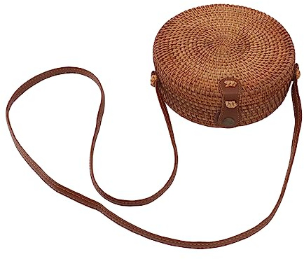 Bolso de Mimbre Redondo Tejido a Mano, Bolso de Cesta Ligero de 20 Cm de Diámetro, Correa Ajustable para Fiesta de Verano (#1)