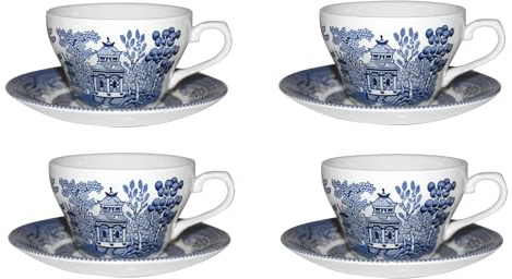 Churchill Blue Wollow - Set di 4 tazze da tè e 4 piattini, prodotto in Inghilterra
