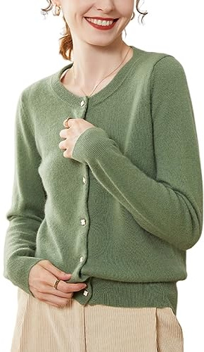Valin Gilet Cachemire 95% Femme Col Rond Vert Solide Couleur Tricoté Mince Manches Longues Fin Cardigan en Cachemire et Laine,40,SPR2248