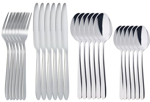 RETON 24 Pieces Cutlery Set for 6 People, Stainless Steel Knife and Fork Sets, Steak Knives and Forks, Tableware Silverware Set for Home/Party/Restaurant, Dishwasher Safe and Mirror Polished