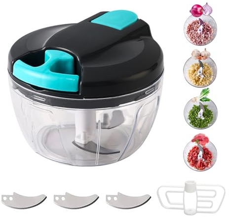 Zwiebelschneider Manuell, 520ml Gemüseschneider, Zwiebel Zerkleinerer mit 3 Edelstahlklingen und 1 Mixer, Multizerkleinerer mit seilzug, Zwiebelhacker Blitzhacker für Zwiebeln, Knoblauch