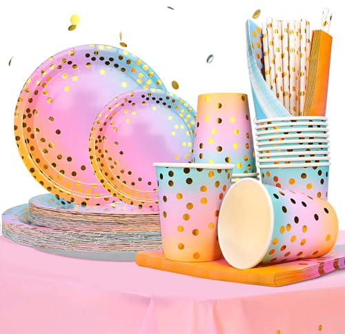 TEGOVE Juego de 176 platos de papel multicolor para fiestas, incluye mantel, vasos, servilletas y pajitas para 25 invitados