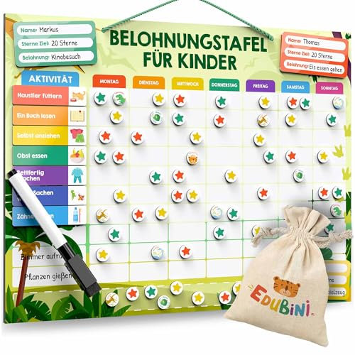 Belohnungstafel für Kinder - [100 Aufgaben + 350 Magnete] - Belohnungssystem für Verantwortung - Family Plan, Montessori Magnettafel, Wochenplaner, Adhs Hilfsmittel - inkl. Tasche, Stift (Dinosaurier)