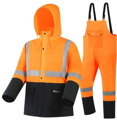 Rain Coat for Men & Women Waterproof Reflective Heavy Duty Safety Jacket Suit Outdoor Work Fishing Rain Gear(Orange,Large)
