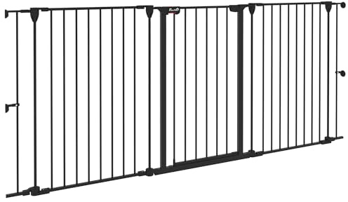 PawHut Barrera para Perros de Acero 206x90 cm Valla para Mascotas Plegable de 3 Paneles con Doble Cerradura y Función de Bloqueo Auxiliar para Puerta Pasillo Escalera Negro