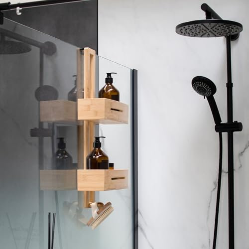 Schulte étagère de douche à suspendre bambou h: 60 x l: 28 x p:15 cm, sans percer, 2 paniers de rangement pour votre shampoing max. 5 kg