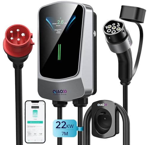 QIAO)) 22 kW EV-Ladegerät Typ 2, 7M Home Wallbox-Ladestation mit 4,3-Zoll-LCD-Display, Smart-App | 8–32 A | Kabelhalter, max. 3-phasiger 32-A-CEE-Stecker auf Typ 2 für Elektrofahrzeuge EVs PHEVs