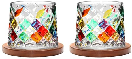 Uten Calice da Acqua Rotante, 275 ML/10 OZ Bicchiere Whisky Cristallo, Sottobicchiere in Bambù, Sensazione Spessa, Coppa da Rum Vetro Latte, Relax e Decompressione, 2 Bicchiere