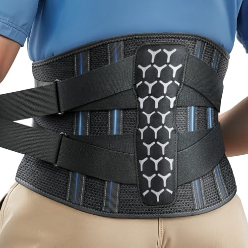 Rakiie Ceinture de soutien dorsal avec entretoises de soutien, sangles de traction réglables et tissu en maille douce et respirante, bandage dorsal pour les maux de dos chez les hommes et les femmes