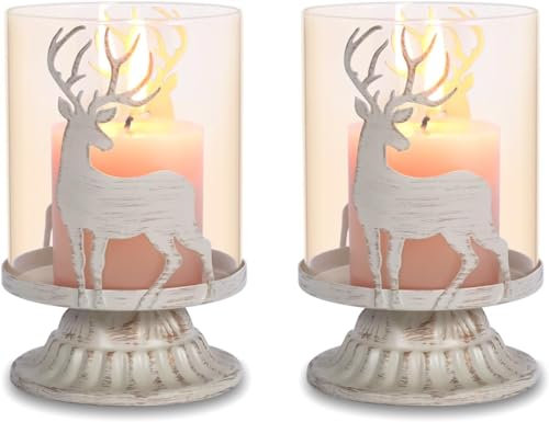 Reindeer Shadow Candle Holders, 2Pcs Vintage Metal Pillar Candle Holders for Christmas Table Mantle Fireplace Hurricane Candlestick Holders for Christmas Decorations