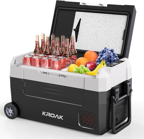 KROAK 35L Tragbarer Kompressor Kühlbox mit Schneidebrett, Elektrisch Autokühlbox Dual-Zone (-20°C bis +20°C), 12V/24V/230V, Rollen & Trennwand – für Camping, Auto, LKW, Wohnmobil