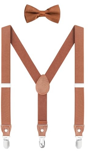 WANYING Ensemble de bretelles et nœud papillon unisexe pour enfant de 3 à 8 ans - En forme de Y - 3 clips - Largeur : 2,5 cm - Bretelles élastiques - Marron, Marron uni