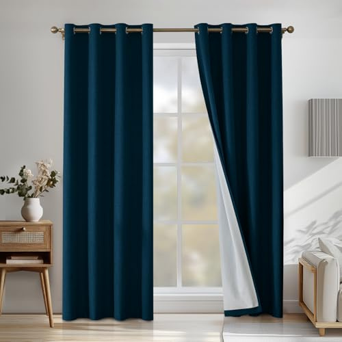 CYCMACO 100% Mörkläggningsgardiner 2 Stycken, 140x160cm, Linneeffekt, Värmeisolerade Interiörgardiner Med Ringar, Ljudabsorberande, Sovrumsgardin, För Vardagsrum, Mörkgrön