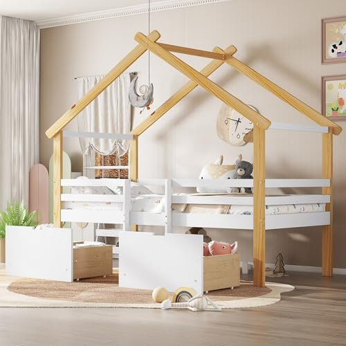 Merax Kids Single Bed Frames 3FT Children's Storage Bed Wooden House Cabin Bed, with Ladder, 2 Storage Drawers with wheels, Sturdy Safety Guardrail, White+Natural,90x190cm