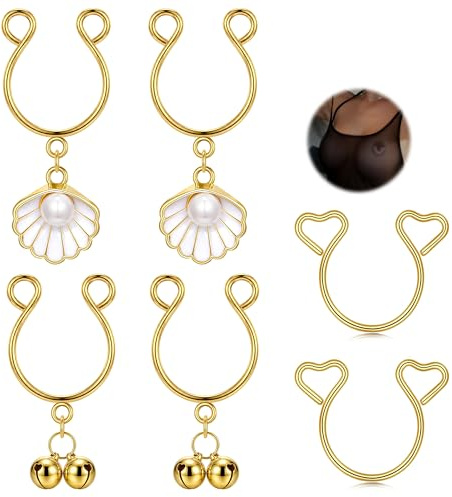 AVYRING 3 Pairs Fake Nipple Piercing Non-Piercing Adjustable – Faux Pearl, CZ Heart & Bell Drop – 316L Stainless Steel Faux Nipple Rings for Women No Piercing Pain, Cute & Sexy