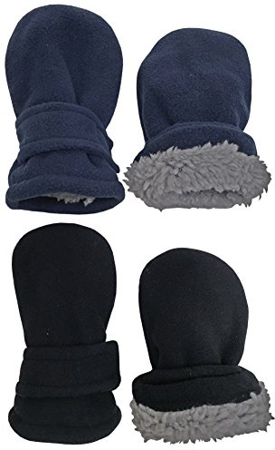N'Ice Caps Baby Toddler Mittens Kids 2 Pairs Fleece Gloves Winter Warm Sherpa Lined Pack (Black/Navy Pack - Infant No Thumbs, 6-18 Months)