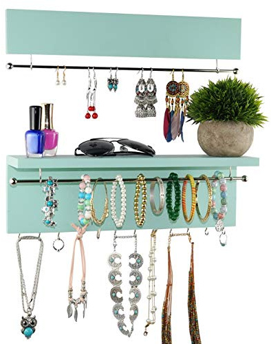 Spiretro Wall-Mounted Jewelry Organizer - Wood Turquoise - Necklace Holder with Removable Metal Bar - Earrings Bracelets Hooks - Shelf Storage