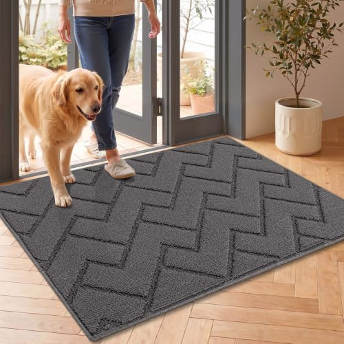 Biscpro Tapis de Porte Paillasson 60x90cm Interieur et Extérieur Antidérapant Absorbant, Facile à Nettoyer, Chambre, Cuisine, Couloir -Gris