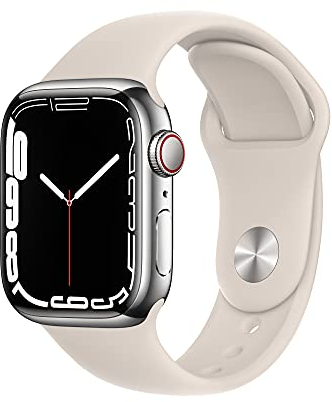 Apple Watch Series 7 (GPS + Cellulaire, 41MM) Boîtier en Acier Inoxydable Argent avec Bracelet Sport Lumière Stellaire (Reconditionné)