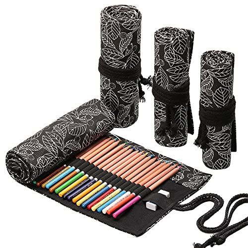 DIYOMR 24/36/72 ranuras para lápices rollos, lápices de colores de artista, bolsa enrollable, estuche corto, organizador de lápices para dibujar colorear y dibujar (hojas negras, 24 ranuras)