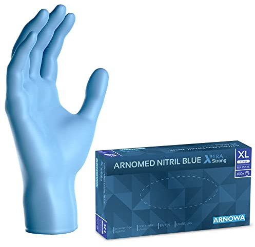 ARNOMED Einweghandschuhe Blau Extra Stark, Einmalhandschuhe in XL, 50% dickere Nitrilhandschuhe, 100 Stk./Box, Handschuhe Einweg puderfrei, latexfreie Gummihandschuhe, Einweghandschuhe in S, M, L & XL