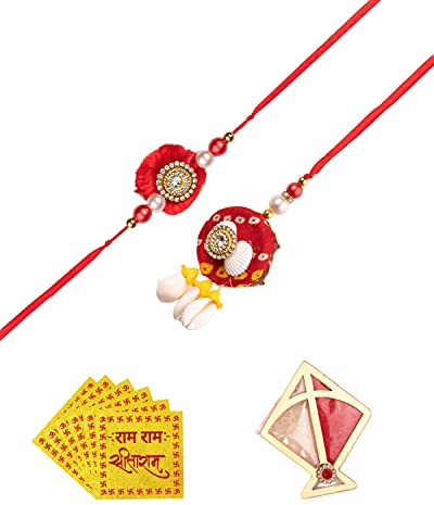 Amelia Rajasthani Bandhej Rakhi Set med Shell Design | Traditionell Rajasthani-design med Lumba | Handgjord Rakhi Set | Komplett Rakhi Combo - Röd, En storlek