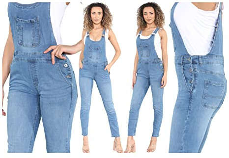 imporio 11® Ladies Women Denim Dungarees Long Length Pinafore Dungaree Denim Jumpsuit UK Sizes 8-10-12-14-16-18-20-22