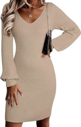 Sidefeel Sweater Dress for Women 2025 Fall Casual Long Sleeve V Neck Ribbed Sweaters Sexy Bodycon Knit Dress Small Khaki