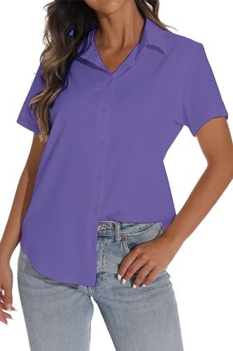 GUANYY Womens Button Down Dress Shirt Short Sleeve Tops Wrinkle Free Blouse Loose Fit Business Casual Shirts Purple Medium