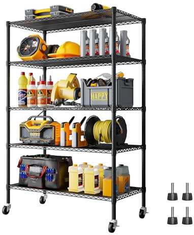 Forthcan Metallregal mit 5 Etagen mit Rollen, verstellbare Regale mit festen Füßen, Industrie-Organizer für Garage und Speisekammer, robuste Aufbewahrungseinheit