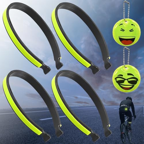 Brateuanoii 4 Pièces Clip De Pantalon Réfléchissant Vélo, Sangle Cheville Reflechissante Velo, Cyclisme Pinces à Pantalons Élastiques, avec 2 Pendentif Réfléchissant De Nuit, Porteclés Réfléchissant