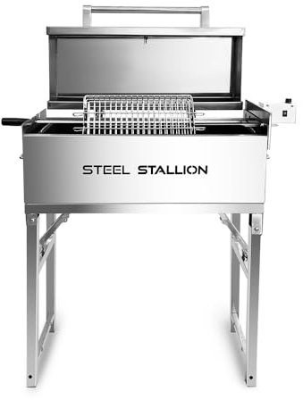 Steel Stallion, 304 Acero inoxidable, Charcoal or Wood Barbacoa, Patas plegables, Rotasserie, Accesorios - Tres tamaños (510x380x760)
