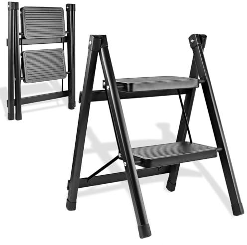 2-Step Ladder, Folding Step Stool for Kitchen/Closet/Garage, Sturdy & Lightweight Aluminum Handy Ladder, 250 lbs Capacity, Anti-Slip Pedals, Compact & Portable for Home DIY & Everyday Use