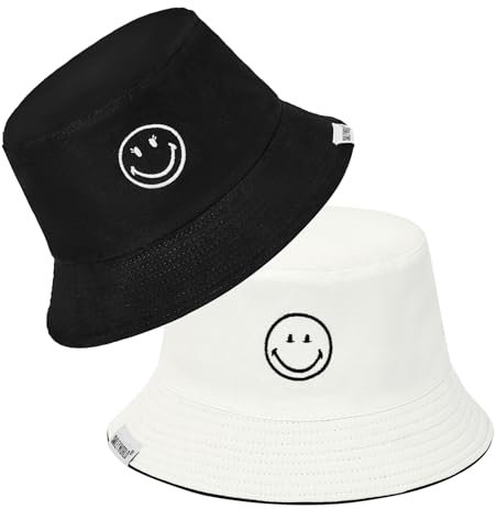 Durio Fischerhut Damen Sonnenhut Baumwolle Bucket Hat Herren Reversibel Faltbar Anglerhut Sommerhut Reisen SmileyWorld® Schwarz Weiß