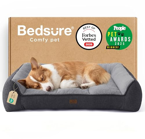 BEDSURE ergonomisches Hundebett mittelgroße Hunde - 89x63cm extra Dickes & druckentlastendes Hundesofa mit wasserdichter & wasschbarer Hülle, rutschfestes Bett mit weichem Sherpa-Plüsch, dunkelgrau