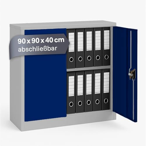 LagerZwei Mehrzweckschrank 90x90x40cm I Metallschrank inkl. Fachboden I Aktenschrank abschließbar, als Werkstattschrank, Büroschrank & Kellerschrank I Stahlschrank robust I Allzweckschrank blau-weiß