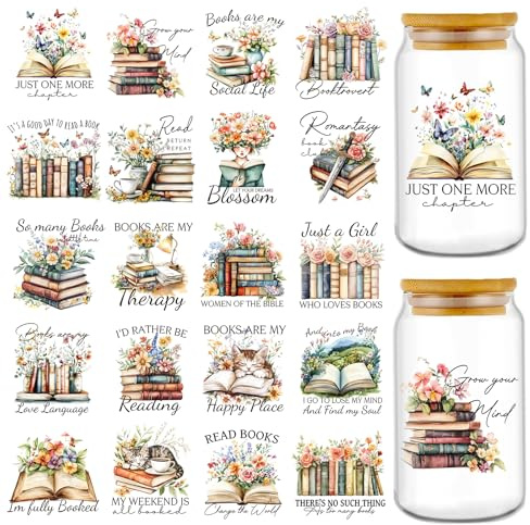 Eiapadeor Vintage Rub on Transfer Stickers - 20 Sheets Reading Books UV DTF Cup Wraps, Flower UVDTF Wraps for Girl Women, Waterproof Rub on Decals for Glass Cups Mug Tumbler, DIY Transfer Crafts