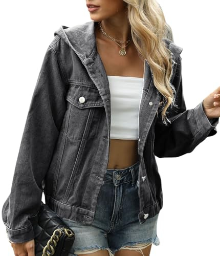 KOOSUFA Women's Hooded Denim Jackets Button Down Distressed | Casual Street Style, Black/Blue, Long Sleeve, Loose Fit, Jean Jacket with Hood, Hoodie for Spring Autumn Winter, S M L XL