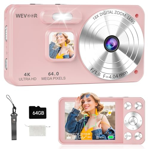 Appareil Photo Numérique 4K 64MP, Wevoor 64 GB Appareil Photo Numérique Compact avec Écran 2,8, 2000mAh Batterie, Appareil Photo Portable pour Débutants Enfants Adolescents - Rose