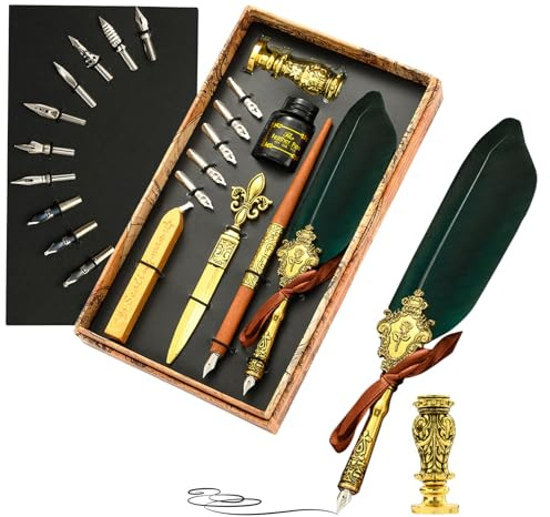 Generiskt fjäderpenna och bläckset – vintage kalligrafi dip pen-kit, förbättrat vaxsigillstämpelset med reservspetsar, penna lyx vintage signatur penna presentset